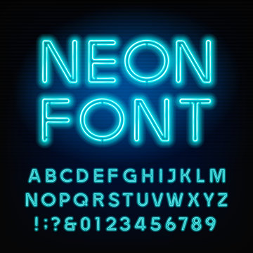 Blue neon tube alphabet font. Neon color letters and numbers. Stock vector typeset for your headers or any typography design.