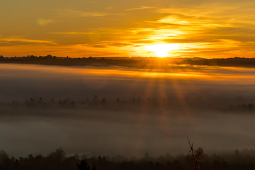 Sonnenaufgang mit Sonnenstrahlen im Nebel