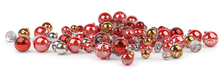 Red and white christmas baubles 3D rendering