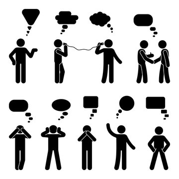 Stick figure dialog speech bubbles set. Talking, thinking, communicating body language man conversation icon pictogram
