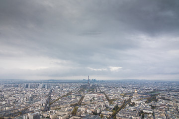 Paris, France - November, 2017. Areal view of Paris with Eiffel tower in the distance