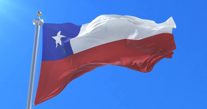 Chile flag waving at wind in slow with blue sky, loop