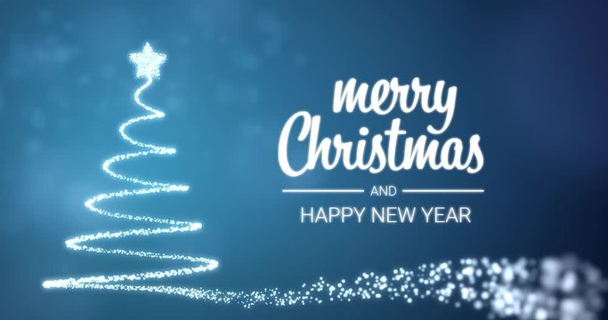 sparkling lights xmas tree Merry Christmas and Happy New Year greeting message in english on blue background,snow flakes.Elegant animated holiday season social post digital card 4k video
