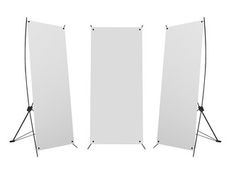 Blank banner X-Stands tree displays isolated over white background . 3d rendering