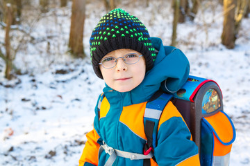 Little school kid boy of elementary class walking to school.