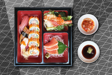 Authentic luxury  japanese food Bento set with wasabi sauce and kimchi.