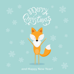 Blue Christmas background with happy fox and snowflakes