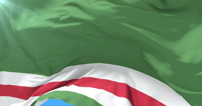 Flag of The Chechen Republic of Ichkeria waving at wind in slow with blue sky, loop