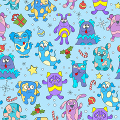 Seamless pattern on the theme of new year and Christmas, funny cartoon dog on blue background