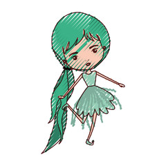 girly fairy without wings and green long hair with pigtail and dress in colored crayon silhouette