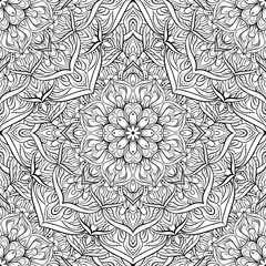 Fototapeta na wymiar Vector seamless pattern mandala flower on a white background. Monochrome black and . Doodle lace . illustration. Round ornamental geometric doily tracery