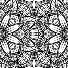 Vector seamless pattern mandala flower on a white background. Monochrome black and . Doodle lace . illustration. Round ornamental geometric doily tracery