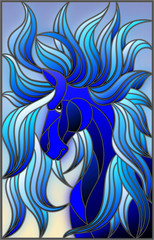Naklejki  Illustration in stained glass style with abstract blue face of his horse with developing mane on sky background