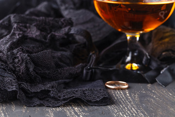 eductive black lingerie at table background