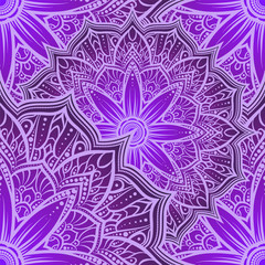 Vector seamless pattern mandala flower in purple , pink and lilac shades. Doodle lace .  illustration. Round ornamental geometric doily tracery