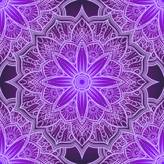 Vector seamless pattern mandala flower in purple , pink and lilac shades. Doodle lace .  illustration. Round ornamental geometric doily tracery