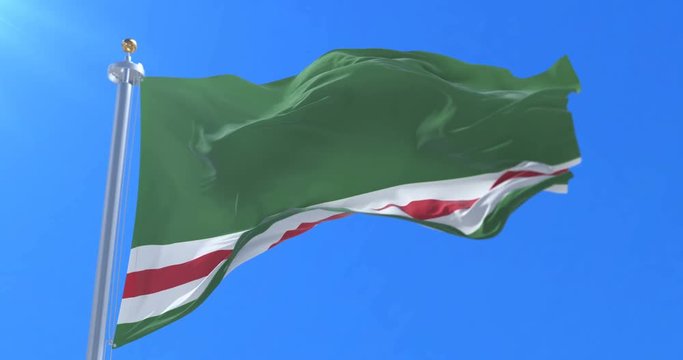Flag of The Chechen Republic of Ichkeria waving at wind with blue sky, loop