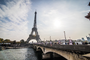 Fototapeta na wymiar Paris, France - November, 2017. Eiffel tower on sunny day. Paris Best tourist Destinations in Europe