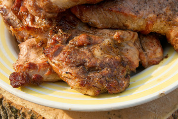 Close up view of juicy pork steak cooked on an open flame grill on big white plate..