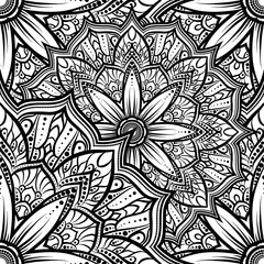 Vector seamless pattern mandala flower on a white background. Monochrome black and   . Doodle lace .  illustration. Round ornamental geometric doily tracery