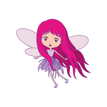 girly fairy with wings and magenta long hair in violet dress with purple contour