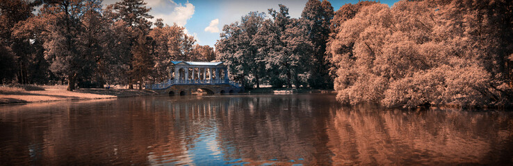 Petersburg, Russia - June 29, 2017: Marble Bridge in the park Tsarskoye Selo, Russia.