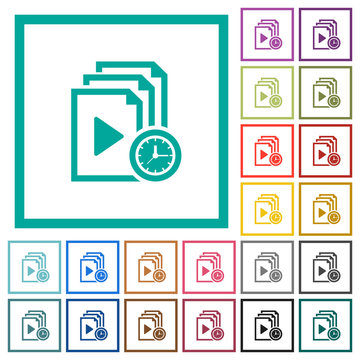 Playlist playing time flat color icons with quadrant frames