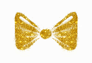 Ribbon bow of golden glitter on white background