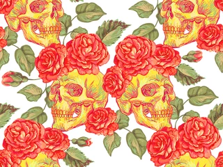 Poster Seamless Mexican pattern with skulls and roses. Rose floral summer design vector background. Perfect for wallpapers, pattern fills, web page backgrounds, surface textures, textile © Katsiaryna Hatsak