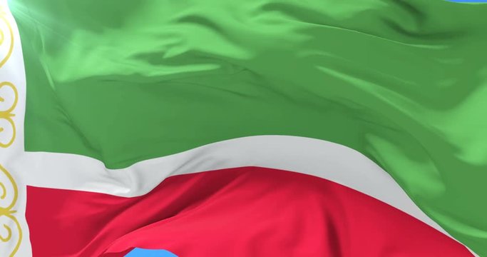 Flag of the Chechen Republic waving at wind with blue sky, loop