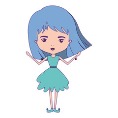 girly fairy without wings and light blue short hair in aquamarine dress with purple contour