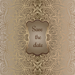 Romantic background with antique, luxury beige and gold vintage frame, victorian banner, lacy mandala wallpaper ornaments, invitation card, baroque style booklet, fashion pattern