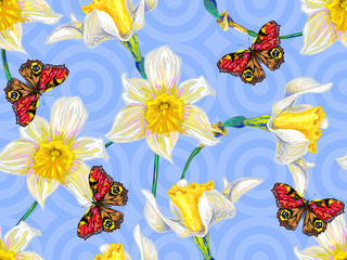Seamless spring white narcissus and butterfly floral pattern. Vector background perfect for wallpaper, pattern fill, web page, surface texture, textile. Pattern with flowers. Springtime