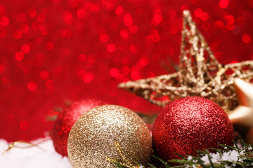 Christmas composition of Christmas tree toys on a red background