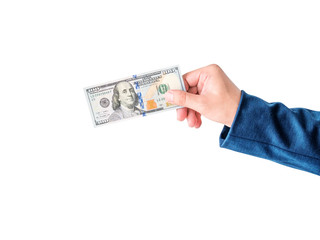 business man holding money in hand on white