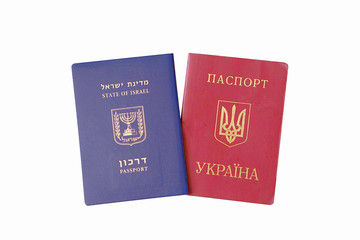 Israeli  passport and Ukraine passport isolated on white background.
