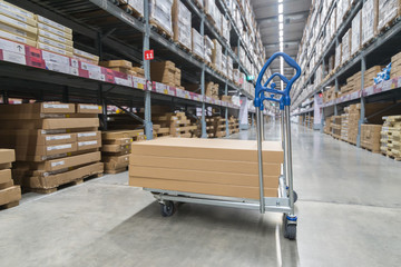 Boxes on storage cart in warehouse