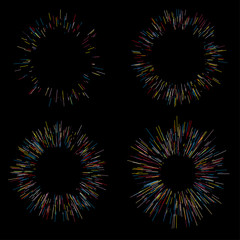 Colorful fireworks Radiating from the center of thin beams, lines. Dynamic style. Abstract explosion, speed motion