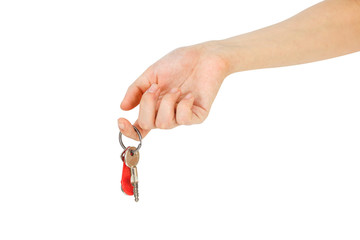 Hand holds keys. Isolated on white background