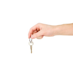 Hand holds keys. Isolated on white background.