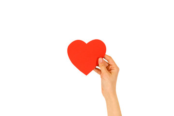 Female hand holding empty red Valentines card with heart on a white background