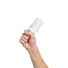 Closeup of man's hand holding energy saving lamp. Recycling, electricity, environment and ecology concept. The lamp is white. Isolated on white background