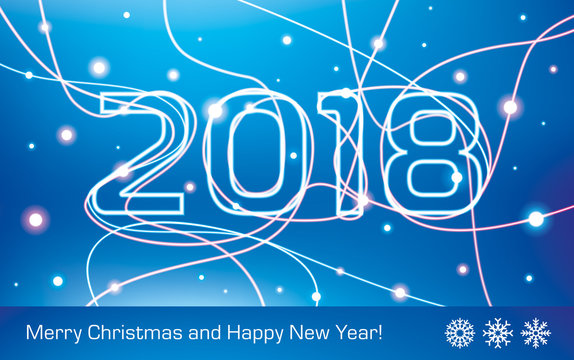 Merry Christmas and Happy New Year! 2018. Glowing neon lines on a blue background, holiday card for your business project, vector design art