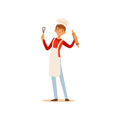 Young woman in white apron and chef hat standing and holding whisk and rolling pin, housewife girl cooking food in the kitchen flat vector Illustration