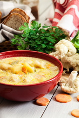 Vegetable soup with ingredients carrot, cauliflower, potato and parsley