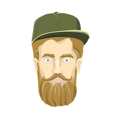 Nice-looking man with a beard and mustache wearing green cap on white background. Lumberjack stares at you. Head image. Isolated vector illustration. Flat style.