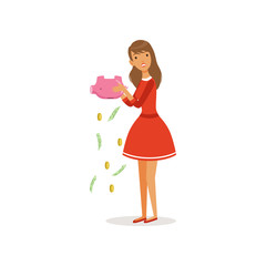 Beautiful sad young woman character in red dress shaking an empty piggy bank colorful flat vector Illustration