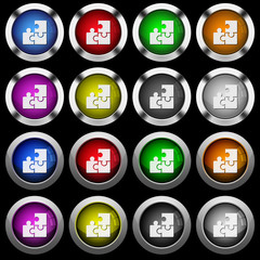 Puzzles white icons in round glossy buttons on black background