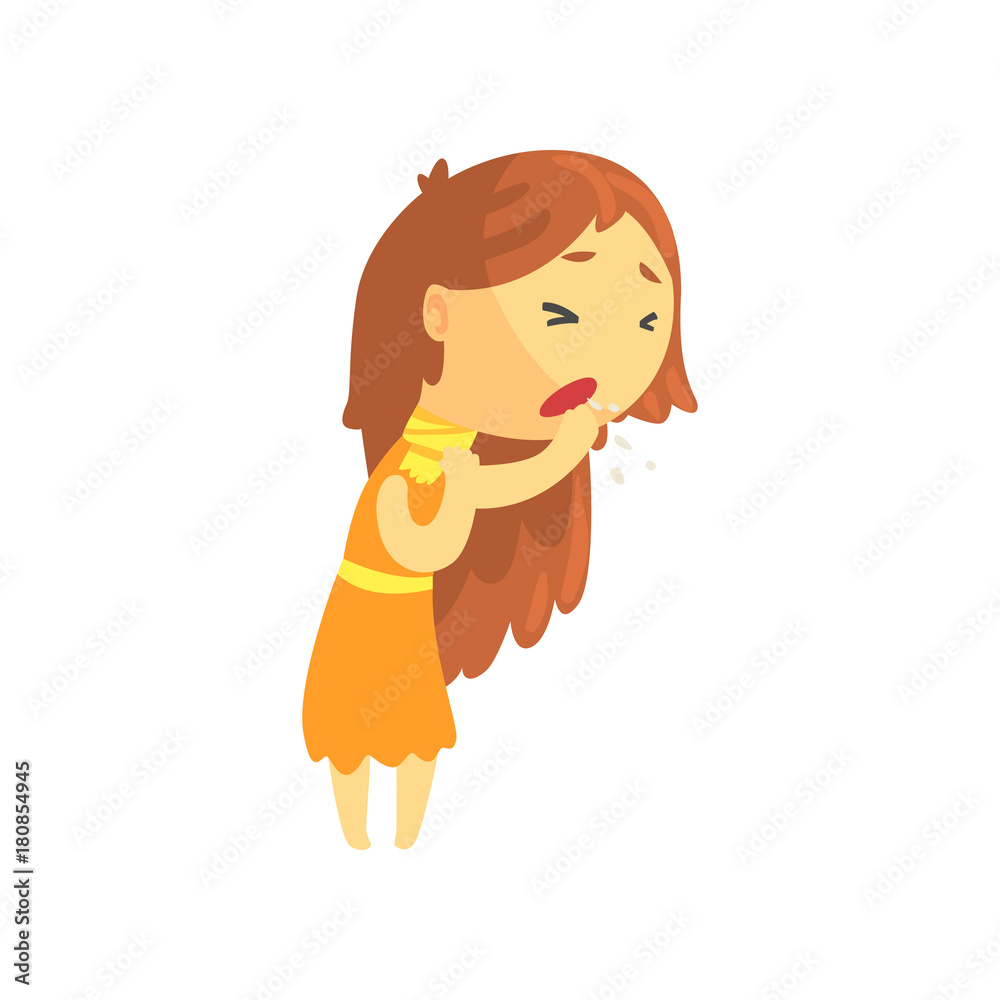 Sticker sick girl with long hair coughing, unwell teen needing medical help cartoon character vector illustr