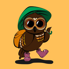 little owl in boots are with an umbrella and a backpack on an orange background